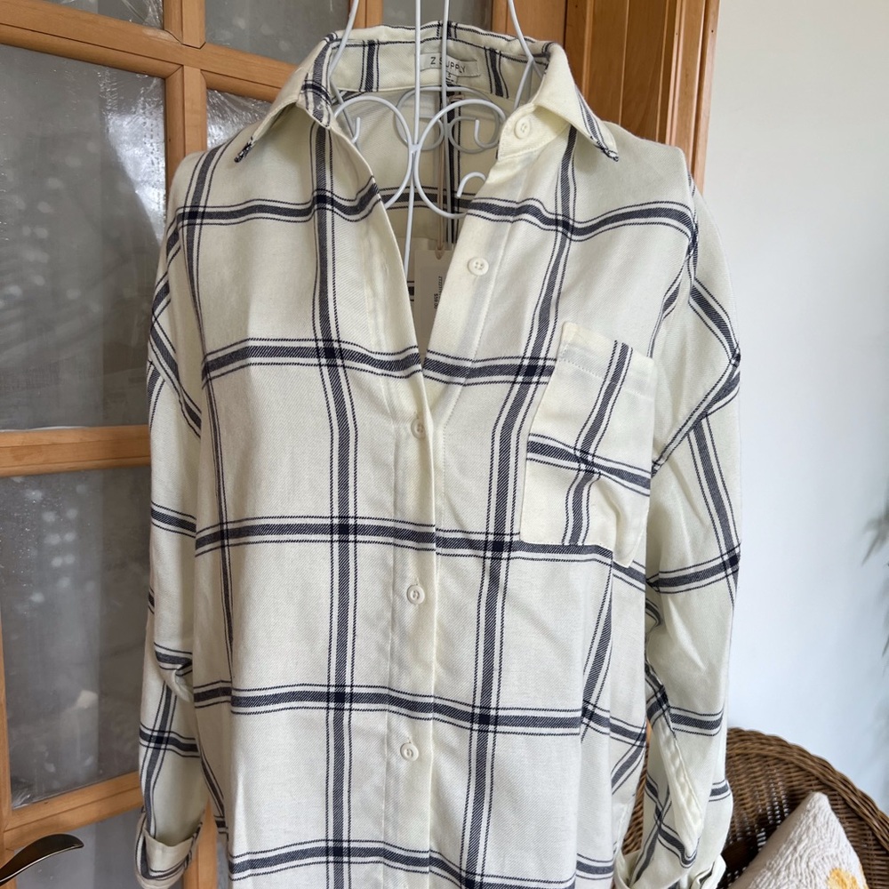 Z Supply Cream and Navy Plaid Blouse